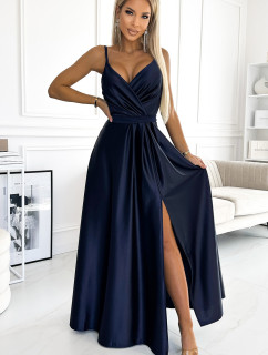 JULIET - Elegantní tmavě modré dlouhé dámské saténové šaty s výstřihem 512-2