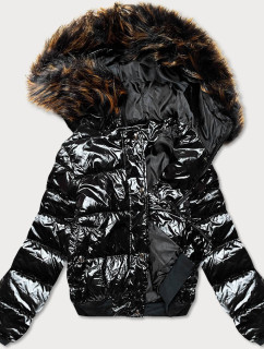 Černá lesklá dámská bunda s kapucí (739ART)