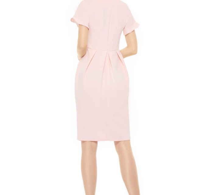 Dámské společenské šaty s límečkem, stužkou a krátkým rukávem dlouhé - Růžová / M - Lemoniade