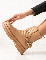 Originální  kotníčkové boty dámské hnědé na plochém podpatku