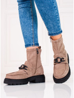 Designové dámské  kotníčkové boty hnědé na plochém podpatku