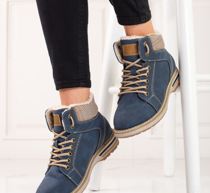Designové  kotníčkové boty modré dámské na plochém podpatku