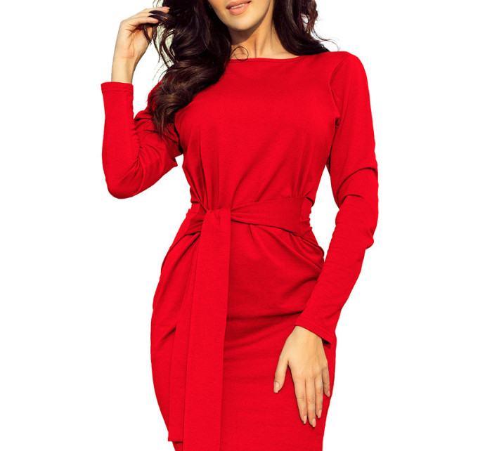 Červené dámské šaty se širokým páskem k zavazování model 7007561
