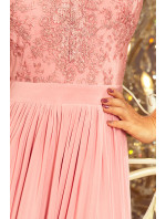 Dlouhé dámské šaty v pastelově růžové barvě bez rukávů a s vyšívaným výstřihem model 7482741