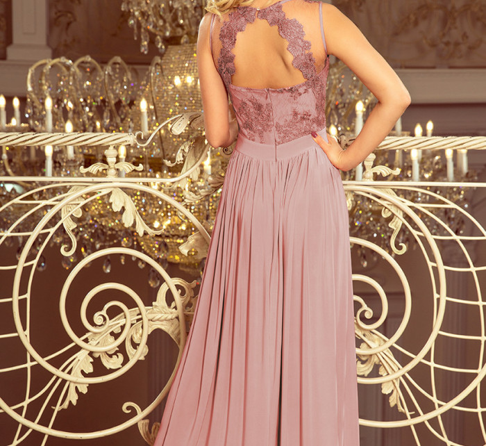 LEA - Dlouhé dámské šaty v barvě taupe bez rukávů, s vyšívaným výstřihem 215-5