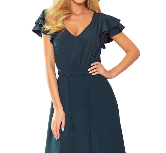 LIDIA - Dlouhé dámské šaty v lahvově zelené barvě s výstřihem a volánky 310-1