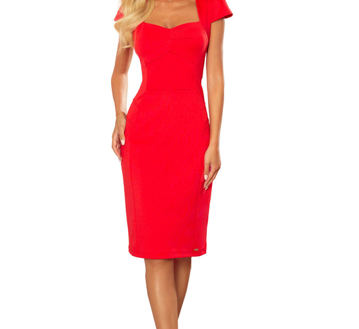 Červené dámské šaty v délce midi s pěkným výstřihem 318-1
