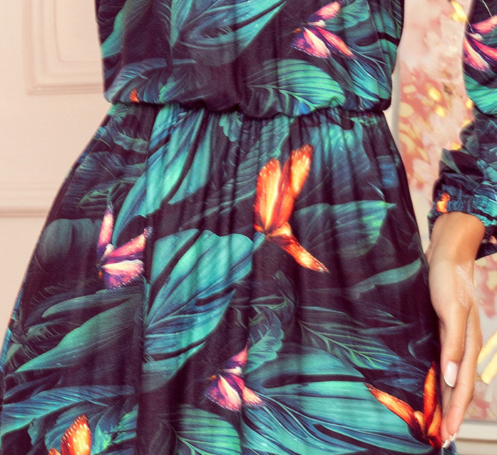 CORA - Dámské šaty s dekoltem, volánkem a se vzorem barevných motýlů 320-1