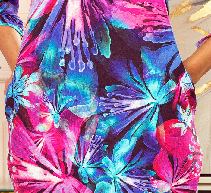 Pohodlné dámské oversize šaty se vzorem světle modro-růžových květů 323-1