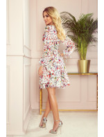 ZOE - Vzdušné dámské šifonové šaty s dekoltem, barevné květy na světlém pozadí 305-1