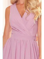 JUSTINE - Dlouhé dámské šaty v pudrově růžové barvě s výstřihem a zavazováním 362-3