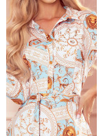 SANDY - Rozšířené dámské košilové šaty se vzorem bílo-zlatých koleček 286-4