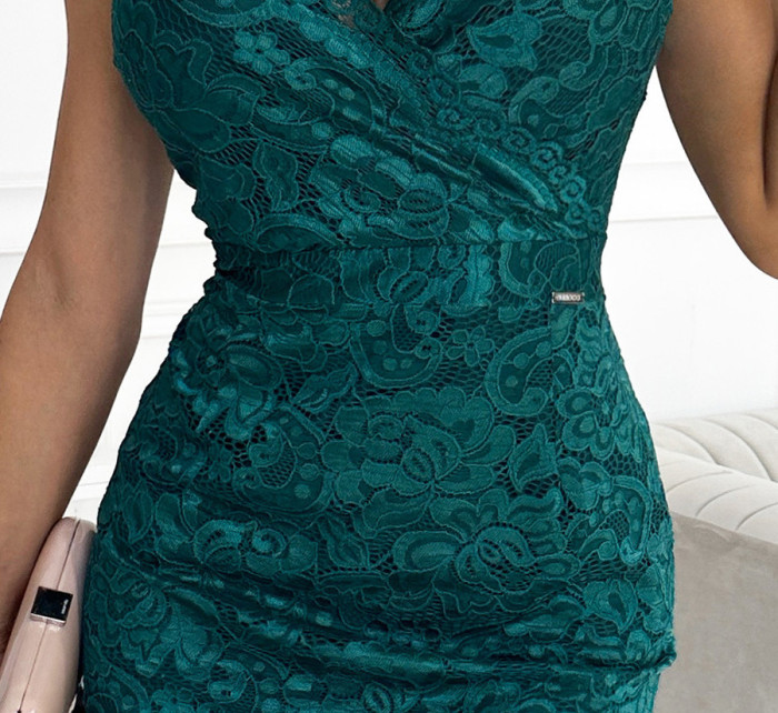 Zelené krajkové dámské midi šaty s přeloženým obálkovým výstřihem 383-4