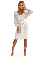 Béžové dámské ažurové svetříkové šaty s výstřihem a zavazováním 507-1