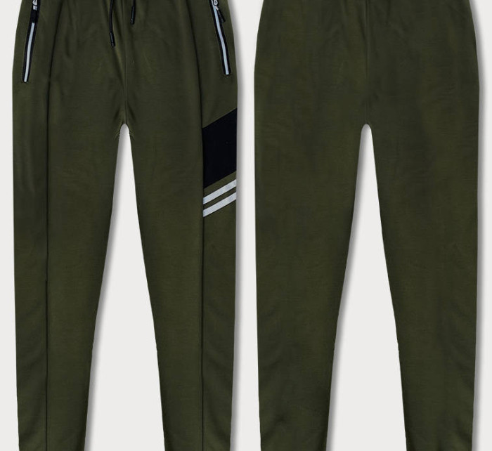Pánské teplákové kalhoty v khaki barvě s barevnými vsadkami (8K206B-29)