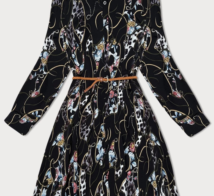 Černé květované dámské plisované šaty s límečkem (Z-56)
