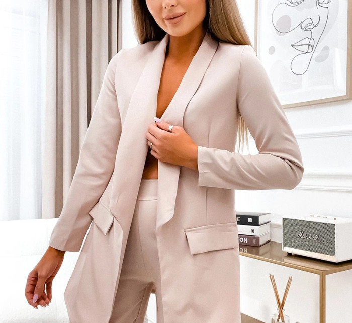 Béžový dámský komplet - volné sako a široké kalhoty (8167)