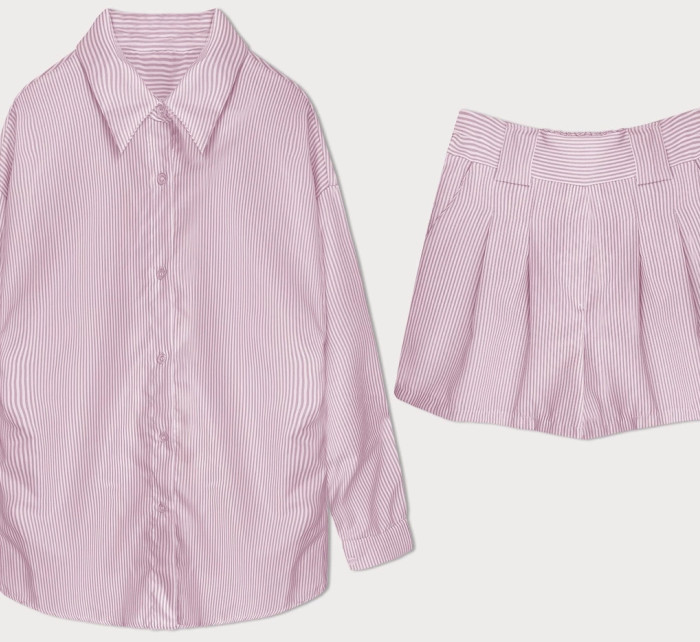 Růžová dámská pruhovaná souprava - košile a šortky (16071)