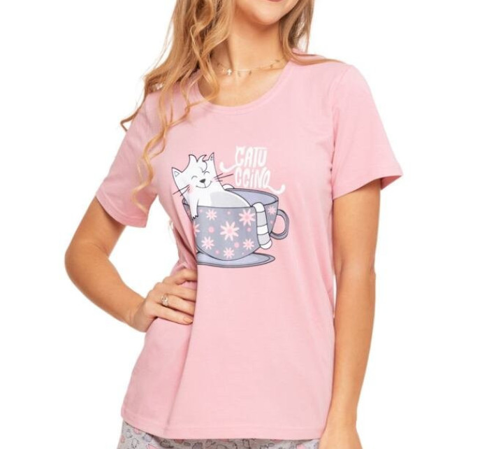 Dámské pyžamo Catuccino růžové s kočkou
