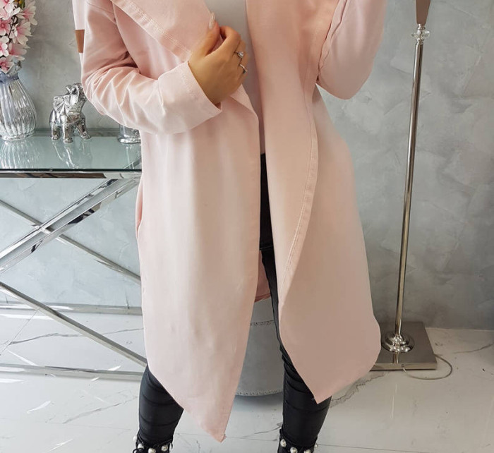 Dlouhý kabát s kapucí světle pudrově růžový
