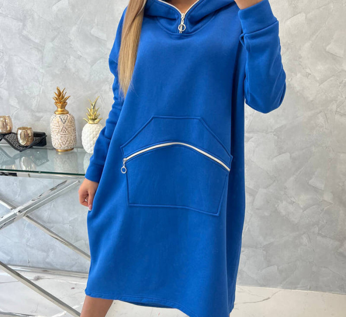 Zateplené šaty s kapucí chrpově modré