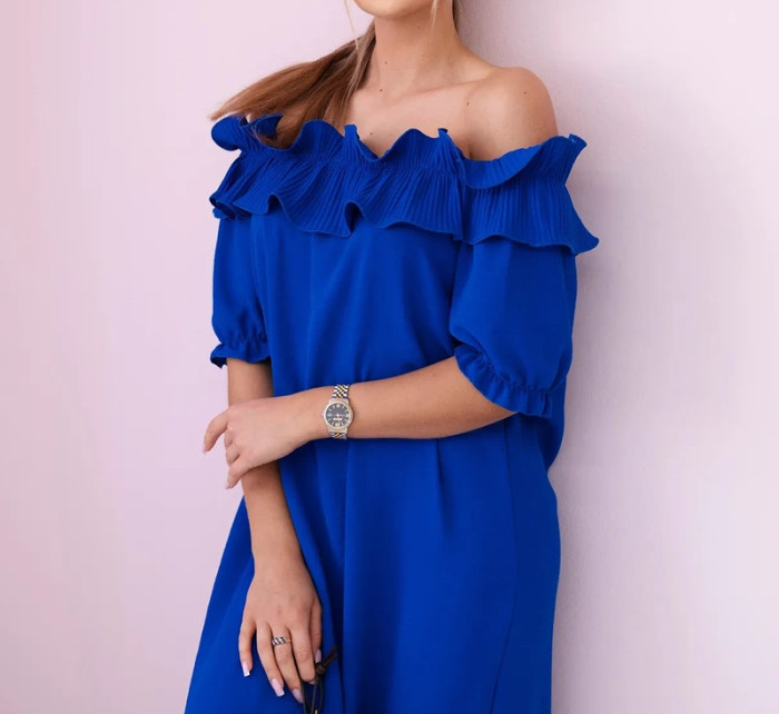 Španělské šaty s ozdobným volánem chrpově modrá