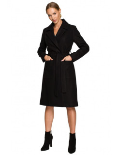 M708 Fleecový kabát s páskem a kapsami - černý