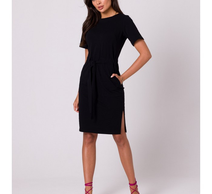 B263 Bavlněné šaty s kapsami - černé